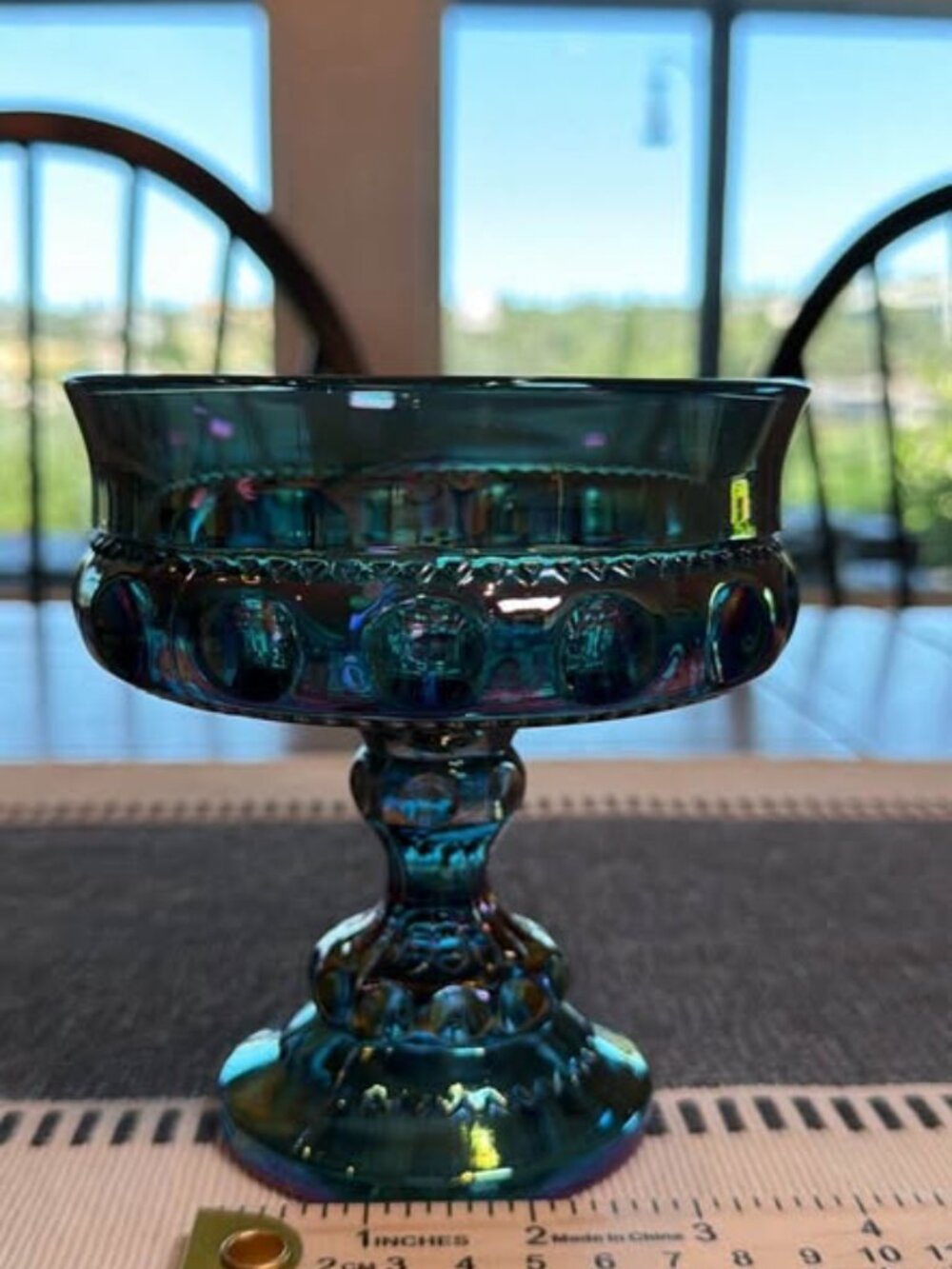 Vintage Indiana Glass Kings Crown Teal Carnival Glass Compote